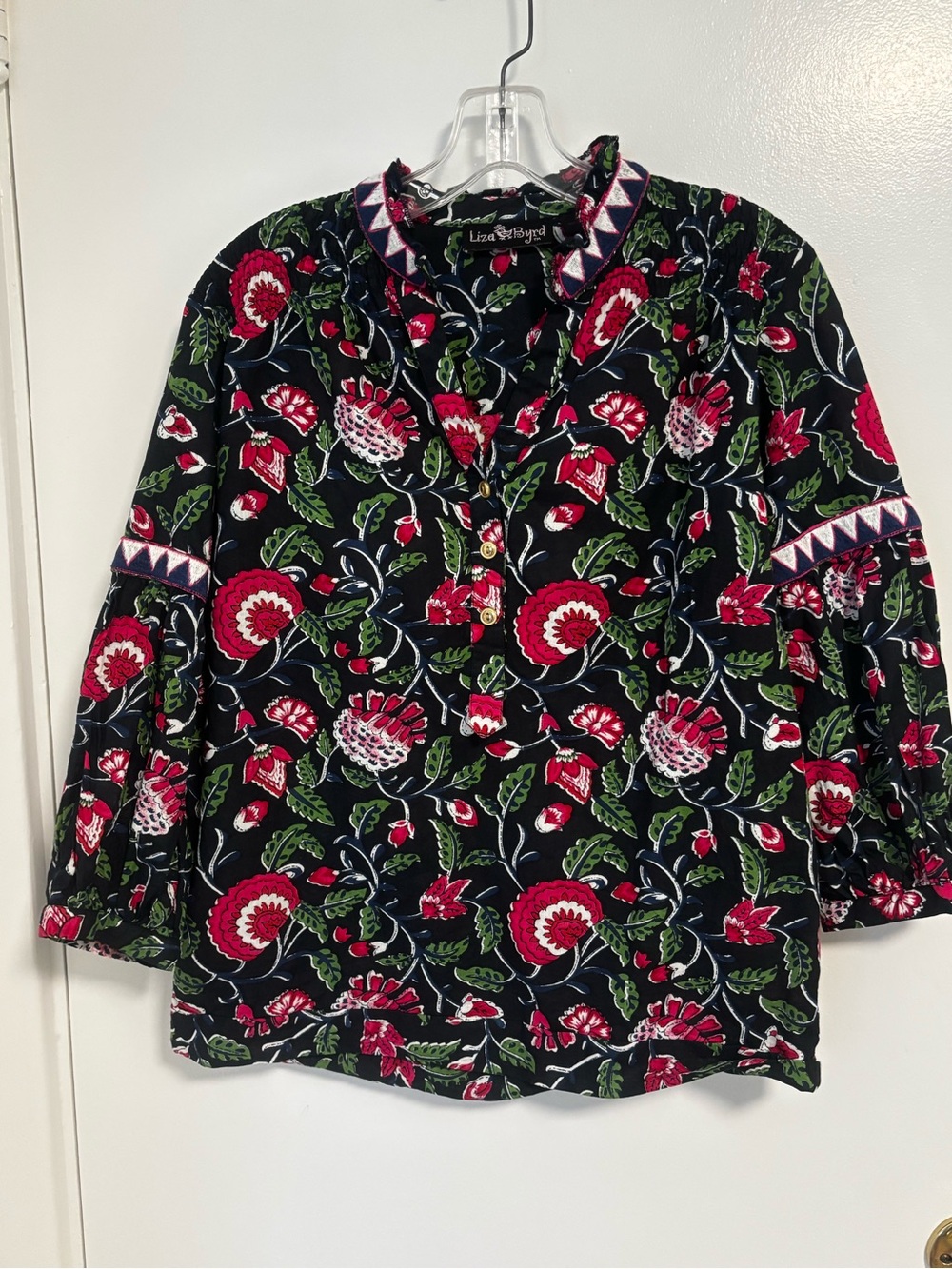 Liza Byrd Navy Floral Button-Front Tunic with Pink & Green Print